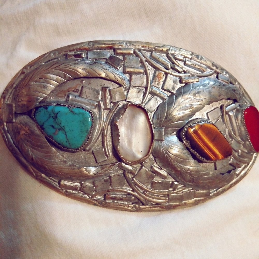 Vintage large Silver belt buckle w/precious stones